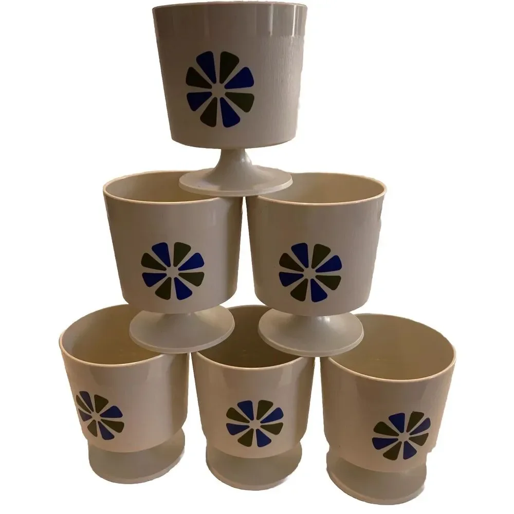 6 Mid-Century Modern Cups Vintage Douglas Accalac MCM Pedestal Blue Mod Flower